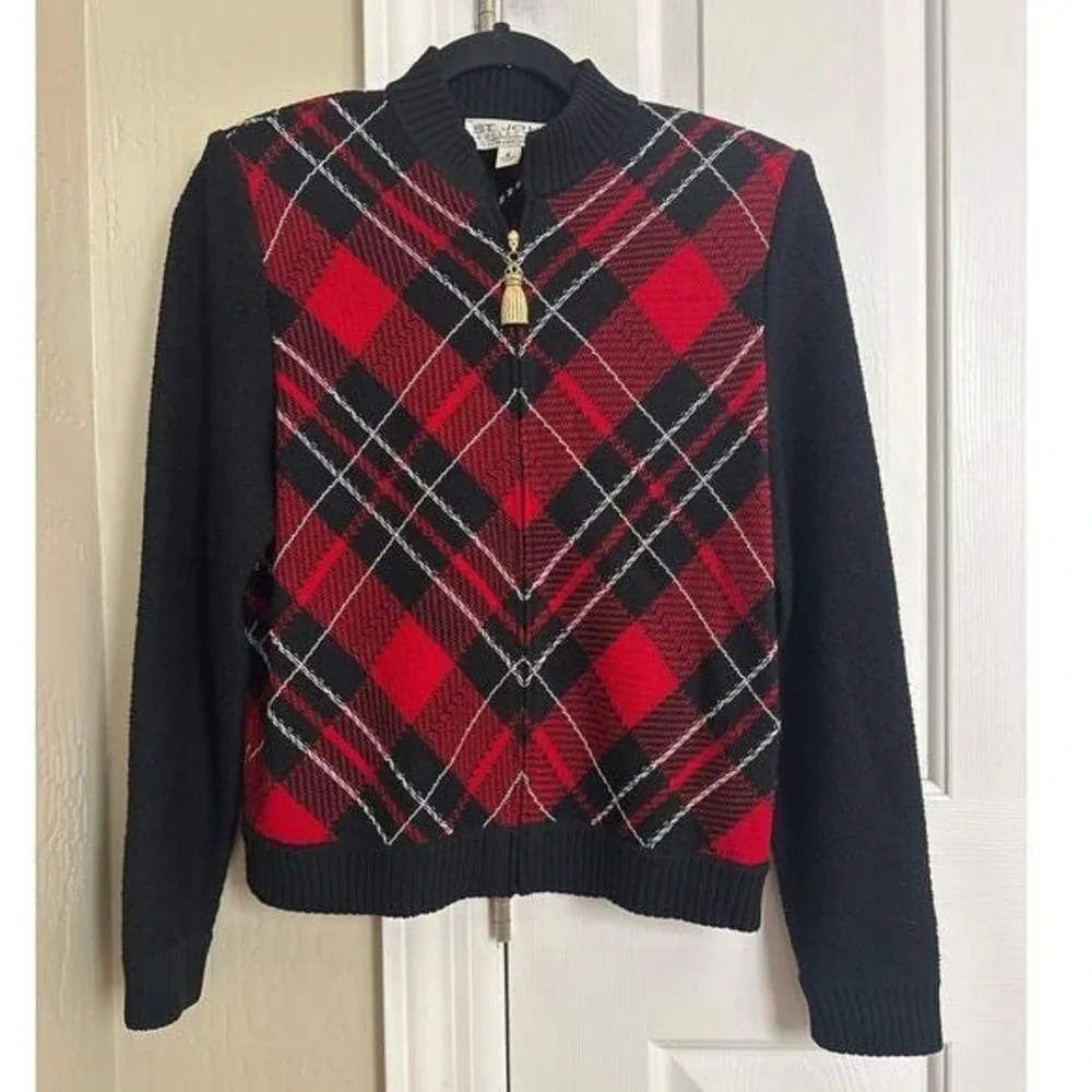 Vtg St. John Collection Marie Gray Red Plaid Santana Knit Zip Jacket Tassel S